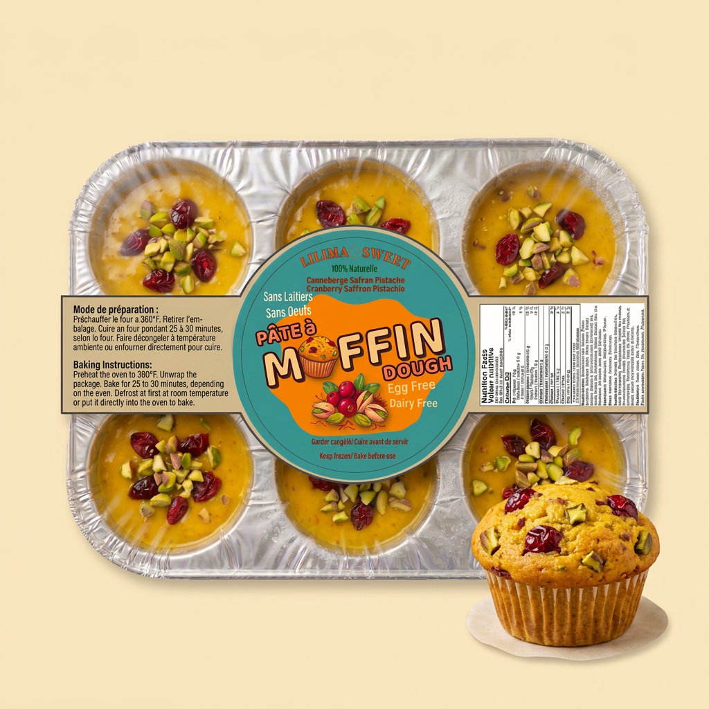 Front-facing pistachio package with baked muffin on cream background
