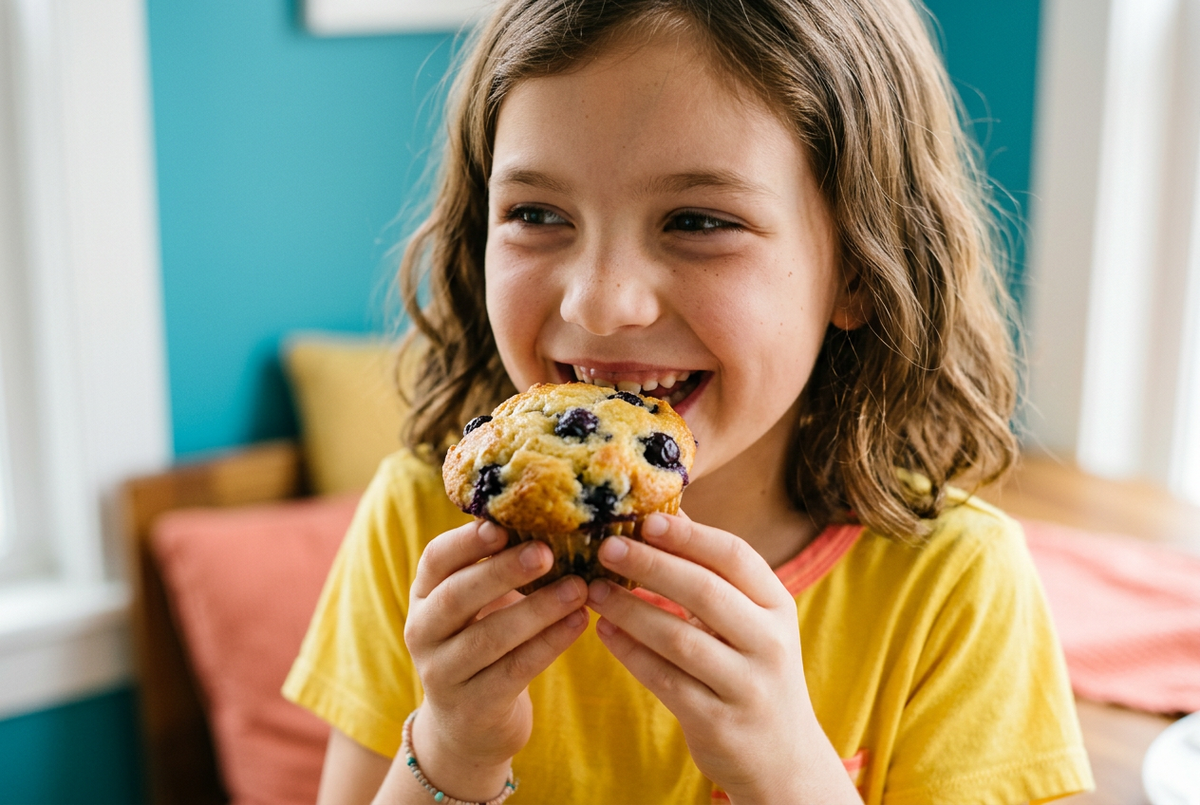 One child joyfully eating a blueberry muffin