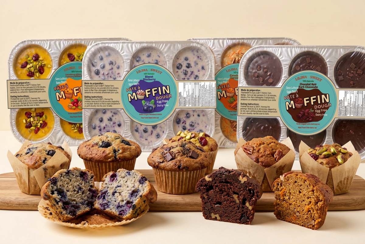 Photorealistic four-package presentation with whole and cut muffins